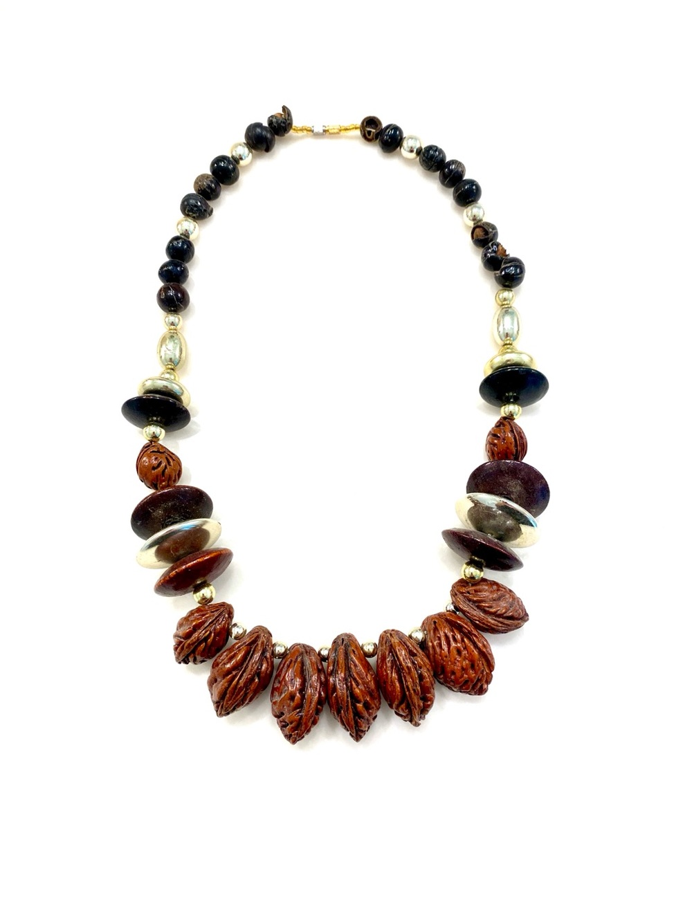 Vintage Boho Statement Necklace Carved Peach Pit Nut Beads & Mixed Metal